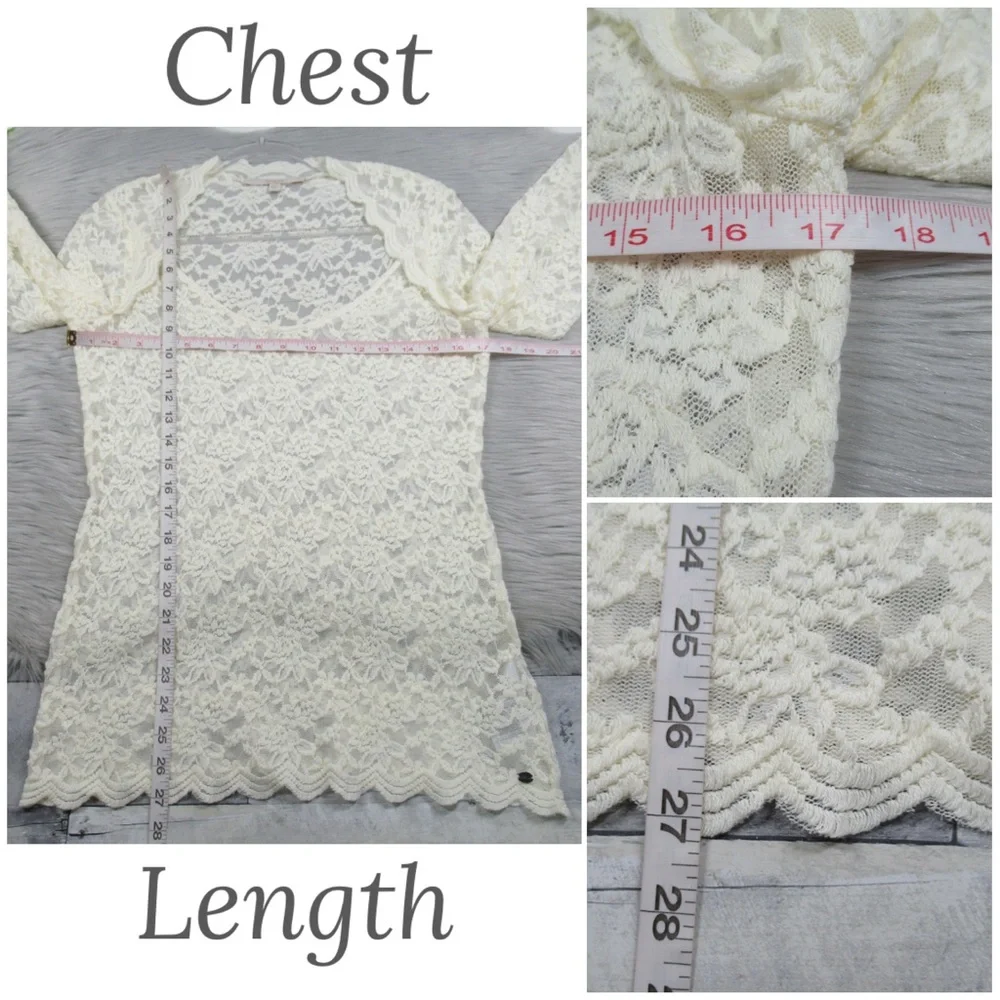 GUESS Ivory Lace Sweetheart Neck Long sleeve Sheer Blouse Women's Size XL